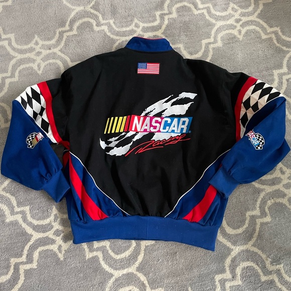 Nascar Men's Black and Blue Checkered Bomber Jacket - Picture 4 of 9